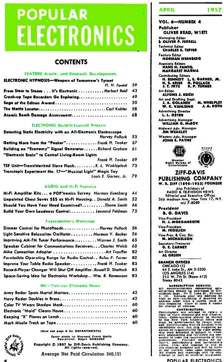 April 1957 Popular Electronics Table of Contents - RF Cafe
