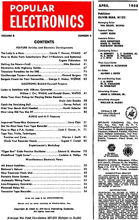 April 1958 Popular Electronics Table of Contents - RF Cafe Website