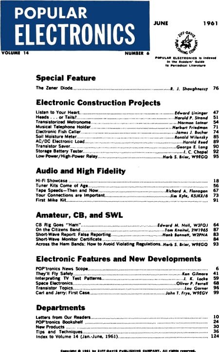 September 1964 Popular Electronics Table of Contents - RF Cafe (business name: Kirt Blattenberger) June 1961 Popular Electronics Table of Contents - RF Cafe