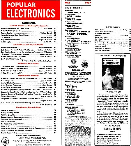 May 1957 Popular Electronics Table of Contents - RF Cafe