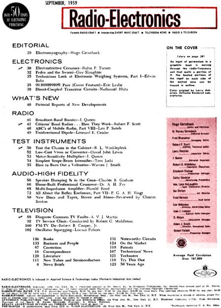 September 1959 Radio-Electronics Table of Contents - RF Cafe Website
