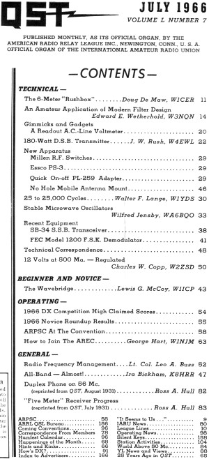 July 1966 QST Table of Contents - RF Cafe
