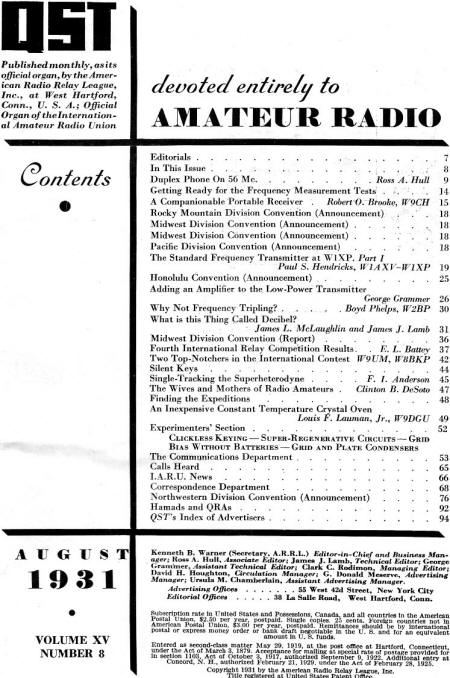 August 1931 QST Table of Contents - RF Cafe
