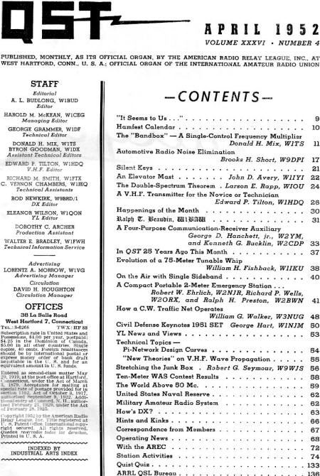 April 1952 QST Table of Contents - RF Cafe