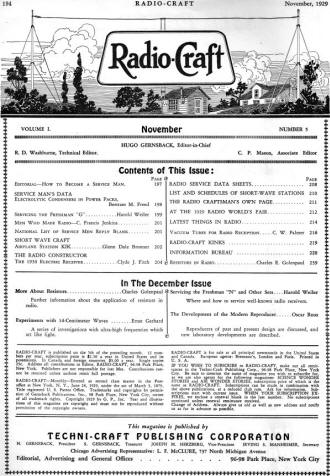 November 1929 Radio Craft Table of Contents - RF Cafe