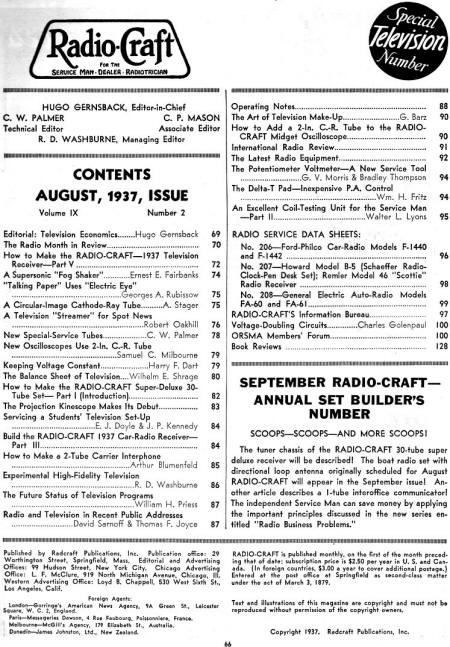 August 1937 Radio Craft Table of Contents - RF Cafe