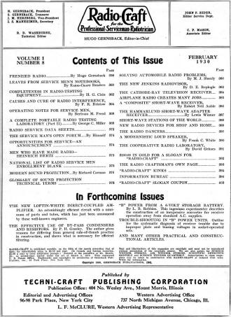 February 1930 Radio Craft Table of Contents - RF Cafe
