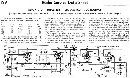 RCA Victor Model 102 4-Tube A.C.-D.C. T.R.F. Receiver Radio Service Data Sheet, January 1935 Radio-Craft - RF Cafe