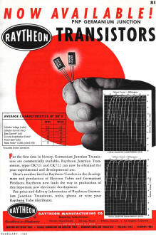 Raytheon PNP Germanium Junction Transistors Ad, February 1953 Radio-Electronics - RF Cafe