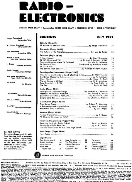 July 1952 Radio-Electronics Table of Contents - RF Cafe
