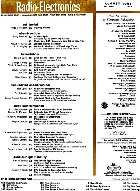 August 1961 Radio-Electronics Table of Contents - RF Cafe