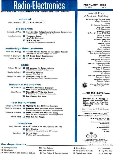 February 1962 Radio-Electronics Table of Contents - RF Cafe