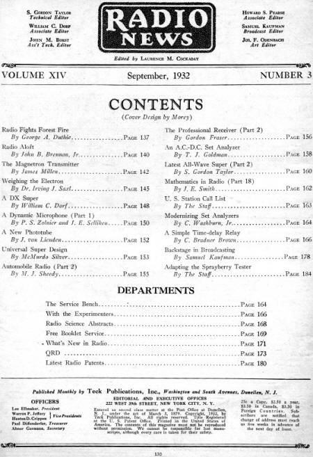 Sepember 1932 Radio News Table of Contents - RF Cafe