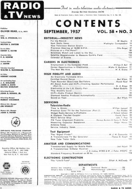 September 1957 Radio & TV News Table of Contents - RF Cafe