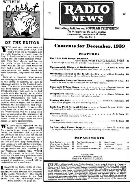 December 1939 Radio News Table of Contents - RF Cafe