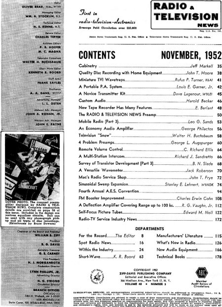 November 1952 Radio & Television News Table of Contents - RF Cafe